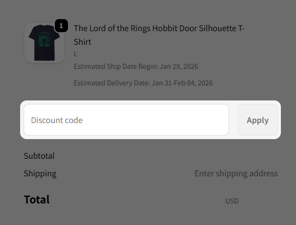 Store checkout with the Discount code field highlighted. 